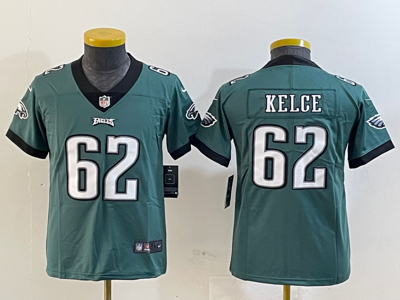Youth 2025 Philadelphia Eagles 62 Kelce green Nike NFL jersey style 1